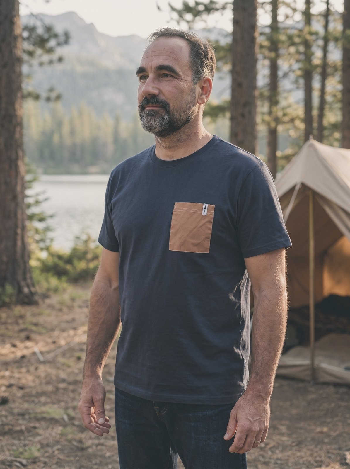 NIKIN Pocket-Shirt navy am See — Vintage-Film-Look